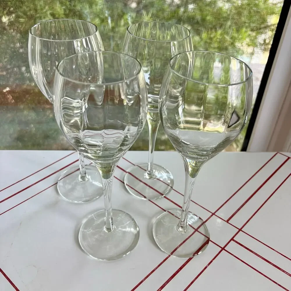 Vintage Blown Optic Wine Glasses Set of 4 Clear Faceted Stemware